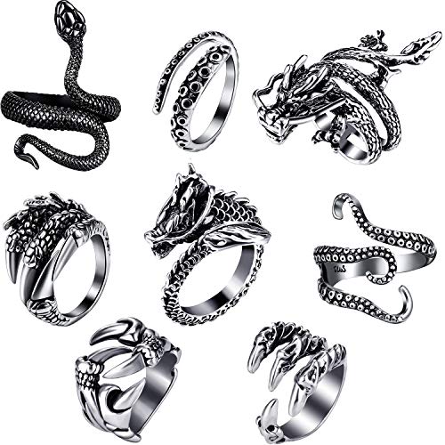 Hicarer 8 Piezas Anillos Punk Vintage Anillo Ajustable de Pulpo Dragón Serpiente