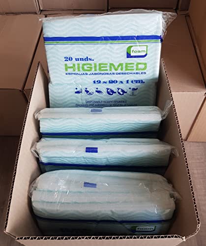 HIGIEMED® 80 ESPONJAS JABONOSAS Desechables DE Foam 12x20x1 Caja con 4 Bolsas de 20 Unidades