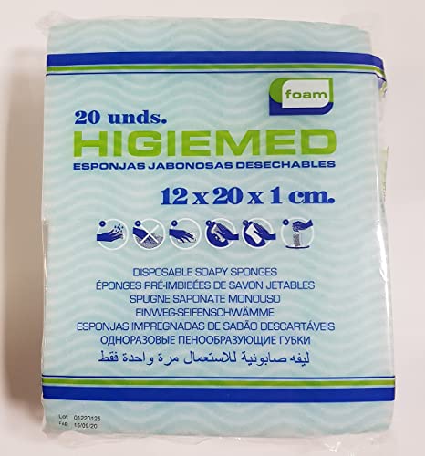 HIGIEMED® 80 ESPONJAS JABONOSAS Desechables DE Foam 12x20x1 Caja con 4 Bolsas de 20 Unidades