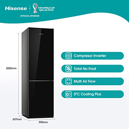 Hisense RB438N4GB3 - Frigorífico Combi No Frost, Acabado Cristal Negro, Capacidad Neta 334 L, 2 Metros de Alto, Compresor Inverter, Cajón 0°, Botellero cromado, Silencioso 38 dBA