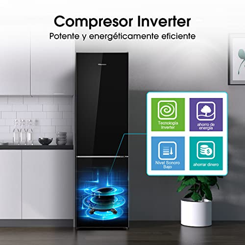 Hisense RB438N4GB3 - Frigorífico Combi No Frost, Acabado Cristal Negro, Capacidad Neta 334 L, 2 Metros de Alto, Compresor Inverter, Cajón 0°, Botellero cromado, Silencioso 38 dBA