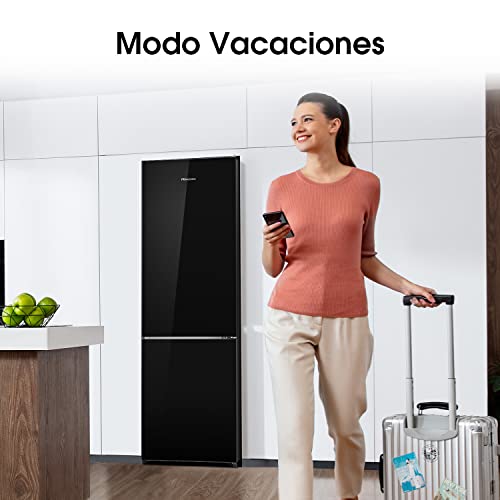 Hisense RB438N4GB3 - Frigorífico Combi No Frost, Acabado Cristal Negro, Capacidad Neta 334 L, 2 Metros de Alto, Compresor Inverter, Cajón 0°, Botellero cromado, Silencioso 38 dBA