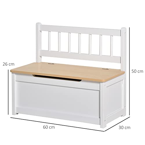 HOMCOM Baúl de Juguetes Banco Almacenamiento Infantil de Madera de Pino con Tapa Amortiguadora y Respaldo Alto para Niños de +2 Años Salas de Juego Habitación 60x30x50 cm Blanco