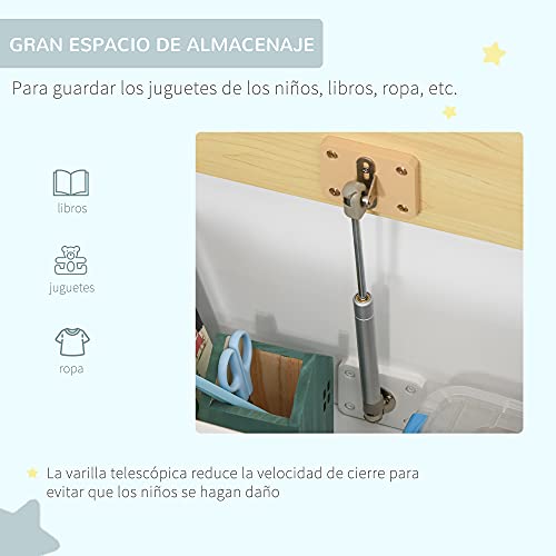 HOMCOM Baúl de Juguetes Banco Almacenamiento Infantil de Madera de Pino con Tapa Amortiguadora y Respaldo Alto para Niños de +2 Años Salas de Juego Habitación 60x30x50 cm Blanco