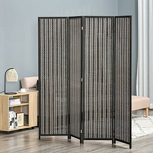 HOMCOM Biombo de 4 Paneles de Bambú Separador de Ambientes Plegable Divisor de Espacios para Dormitorio Salón 180x180x1,9 cm Marrón y Negro