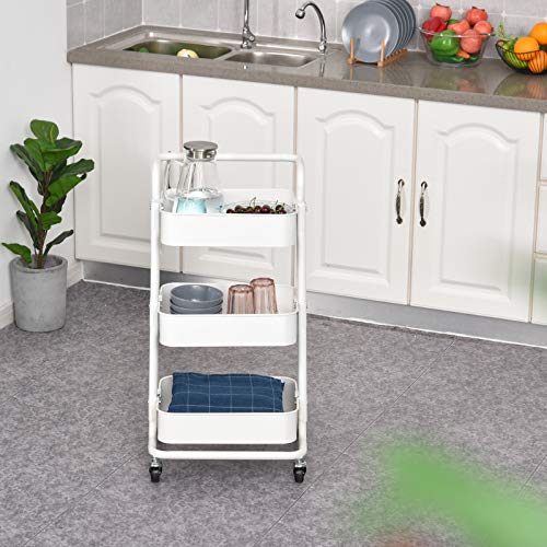 HOMCOM Carrito Auxiliar de 3 Niveles con Ruedas y 3 Baldas Malla Metálica para Cocina Oficina Baño Carro Multiuso de Almacenamiento con Pasamanos Carga de 45kg Blanco 43x36x83cm