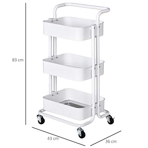 HOMCOM Carrito Auxiliar de 3 Niveles con Ruedas y 3 Baldas Malla Metálica para Cocina Oficina Baño Carro Multiuso de Almacenamiento con Pasamanos Carga de 45kg Blanco 43x36x83cm