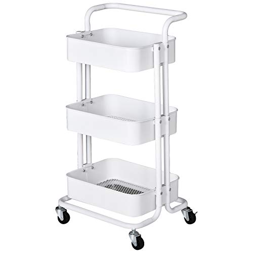 HOMCOM Carrito Auxiliar de 3 Niveles con Ruedas y 3 Baldas Malla Metálica para Cocina Oficina Baño Carro Multiuso de Almacenamiento con Pasamanos Carga de 45kg Blanco 43x36x83cm