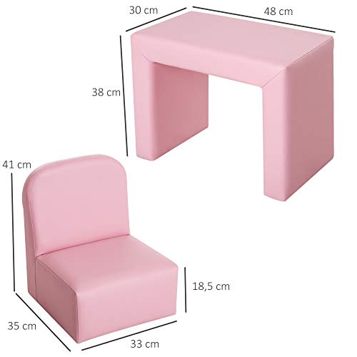 HOMCOM Conjunto 2 en 1 Sillón Infantil Multifuncional Convertible en Silla y Mesa para Niños de +3 Años 33x35x41 cm Rosa