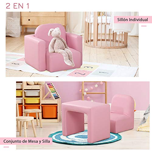 HOMCOM Conjunto 2 en 1 Sillón Infantil Multifuncional Convertible en Silla y Mesa para Niños de +3 Años 33x35x41 cm Rosa