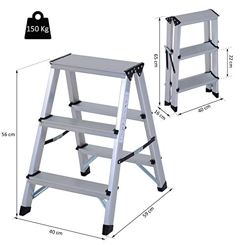 HOMCOM Escalera de Tijera Aluminio Plegable Escalera Doméstica de Mano Ambos Lados 3 Peldaños Carga 150kg