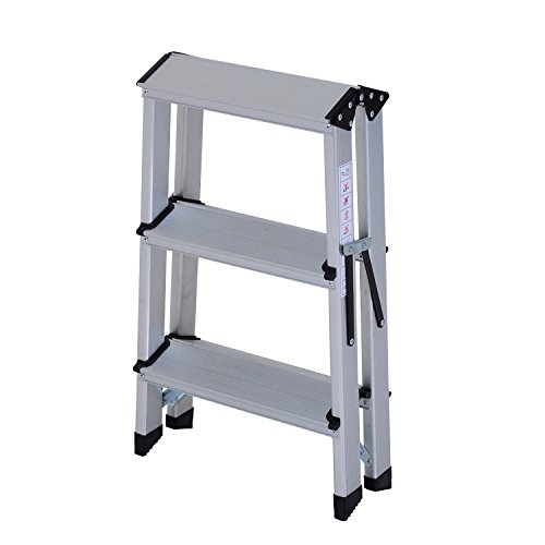 HOMCOM Escalera de Tijera Aluminio Plegable Escalera Doméstica de Mano Ambos Lados 3 Peldaños Carga 150kg