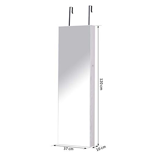 HOMCOM Espejo Joyero Colgante de Pared o Puerta con LED 5 Estantes 2 Cajones Pequeños Espejo Armario Montado con Cerradura 37x120x10cm