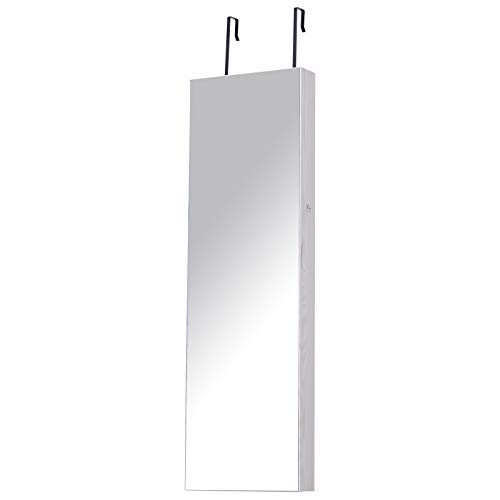 HOMCOM Espejo Joyero Colgante de Pared o Puerta con LED 5 Estantes 2 Cajones Pequeños Espejo Armario Montado con Cerradura 37x120x10cm