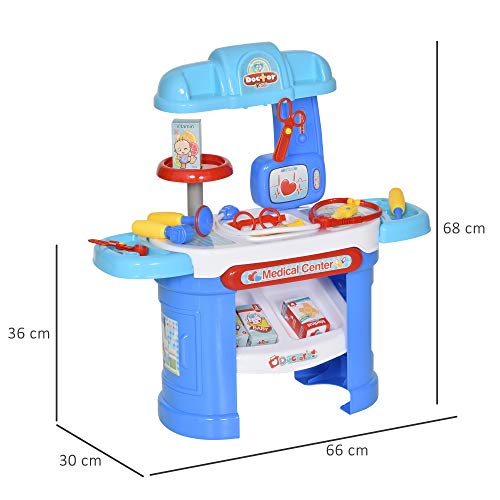 HOMCOM Juego de Médico de Simulación 26 Piezas Educativo Diseño Realista Juego de rol Enfermería Doctor para Niños de +3 Años 66x30x68 cm Azul