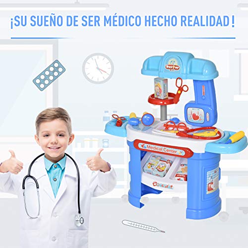 HOMCOM Juego de Médico de Simulación 26 Piezas Educativo Diseño Realista Juego de rol Enfermería Doctor para Niños de +3 Años 66x30x68 cm Azul