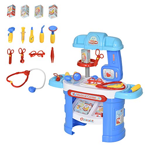 HOMCOM Juego de Médico de Simulación 26 Piezas Educativo Diseño Realista Juego de rol Enfermería Doctor para Niños de +3 Años 66x30x68 cm Azul