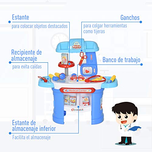 HOMCOM Juego de Médico de Simulación 26 Piezas Educativo Diseño Realista Juego de rol Enfermería Doctor para Niños de +3 Años 66x30x68 cm Azul