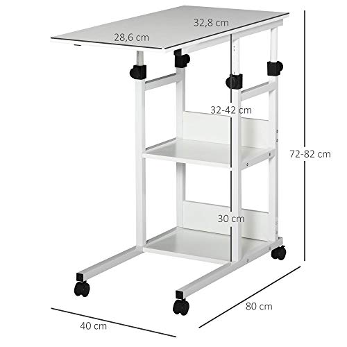 HOMCOM Mesa Auxiliar de Sofá Mesa Lateral en Forma de C con 4 Ruedas Giratorias Frenos Altura Ajustable 3 Niveles Marco Metal 80x40x72-82 cm Blanco