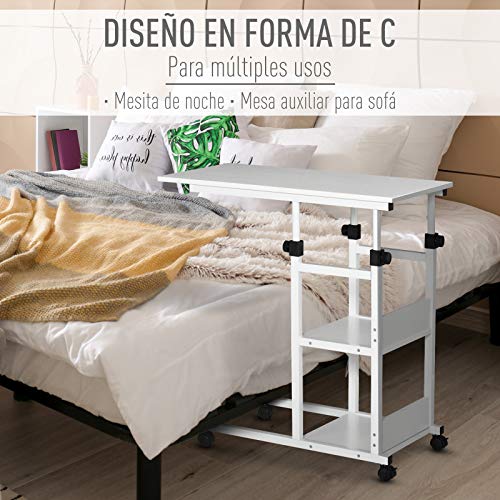 HOMCOM Mesa Auxiliar de Sofá Mesa Lateral en Forma de C con 4 Ruedas Giratorias Frenos Altura Ajustable 3 Niveles Marco Metal 80x40x72-82 cm Blanco