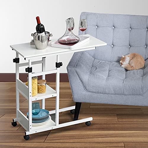 HOMCOM Mesa Auxiliar de Sofá Mesa Lateral en Forma de C con 4 Ruedas Giratorias Frenos Altura Ajustable 3 Niveles Marco Metal 80x40x72-82 cm Blanco