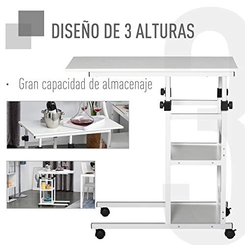 HOMCOM Mesa Auxiliar de Sofá Mesa Lateral en Forma de C con 4 Ruedas Giratorias Frenos Altura Ajustable 3 Niveles Marco Metal 80x40x72-82 cm Blanco