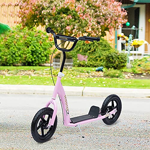 HOMCOM Patinete para Niños de +5 Años Scooter de 2 Ruedas Grandes de 12 Pulgadas con Freno y Manillar Ajustable en Altura Carga Máx. 50 kg 120x52x80-88 cm Rosa