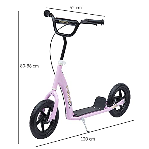 HOMCOM Patinete para Niños de +5 Años Scooter de 2 Ruedas Grandes de 12 Pulgadas con Freno y Manillar Ajustable en Altura Carga Máx. 50 kg 120x52x80-88 cm Rosa