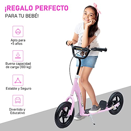 HOMCOM Patinete para Niños de +5 Años Scooter de 2 Ruedas Grandes de 12 Pulgadas con Freno y Manillar Ajustable en Altura Carga Máx. 50 kg 120x52x80-88 cm Rosa