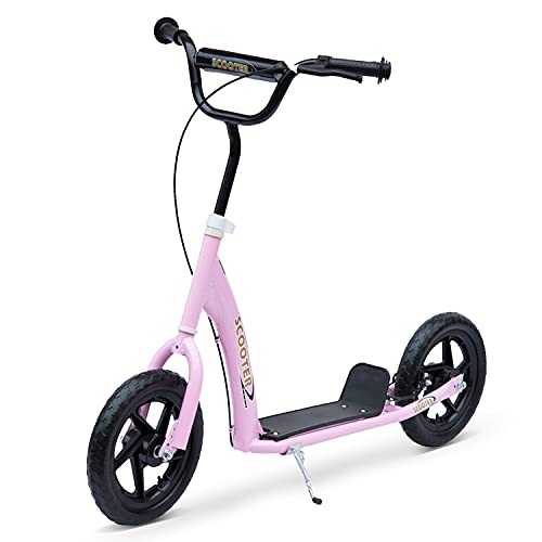 HOMCOM Patinete para Niños de +5 Años Scooter de 2 Ruedas Grandes de 12 Pulgadas con Freno y Manillar Ajustable en Altura Carga Máx. 50 kg 120x52x80-88 cm Rosa