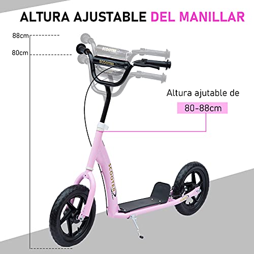 HOMCOM Patinete para Niños de +5 Años Scooter de 2 Ruedas Grandes de 12 Pulgadas con Freno y Manillar Ajustable en Altura Carga Máx. 50 kg 120x52x80-88 cm Rosa