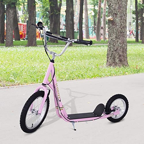 HOMCOM Patinete para Niños Mayores de 5 Años Scooter de 2 Ruedas Grandes con Doble Freno y Manillar Ajustable en Altura para Adolescentes Adultos 135x58x92-100 cm Rosa