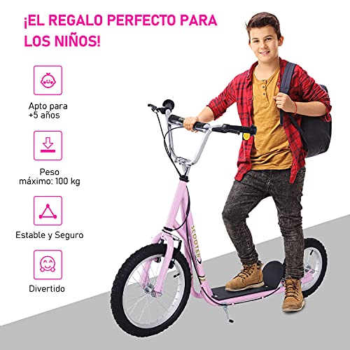 HOMCOM Patinete para Niños Mayores de 5 Años Scooter de 2 Ruedas Grandes con Doble Freno y Manillar Ajustable en Altura para Adolescentes Adultos 135x58x92-100 cm Rosa