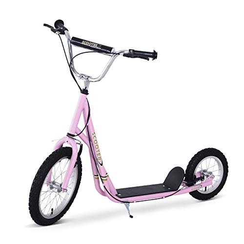 HOMCOM Patinete para Niños Mayores de 5 Años Scooter de 2 Ruedas Grandes con Doble Freno y Manillar Ajustable en Altura para Adolescentes Adultos 135x58x92-100 cm Rosa