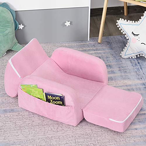 HOMCOM Sillón para Niños Sofá Transformable Diseño 2 en 1 Cama Infantil Plegable de 2 Posiciones con Reposabrazos Asiento Ancho Acolchado 47x45x38 cm Rosa