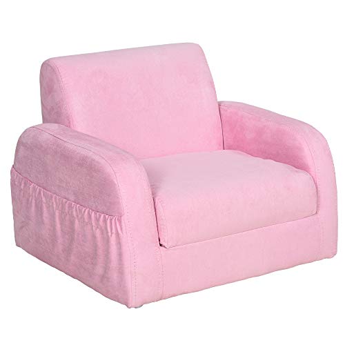 HOMCOM Sillón para Niños Sofá Transformable Diseño 2 en 1 Cama Infantil Plegable de 2 Posiciones con Reposabrazos Asiento Ancho Acolchado 47x45x38 cm Rosa