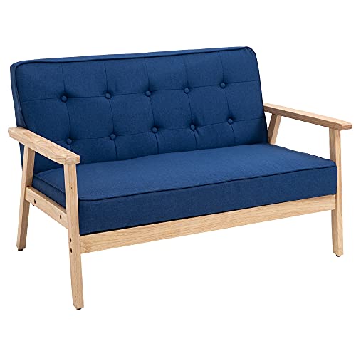 HOMCOM Sofá de 2 Plazas con Respaldo y Cojines Acolchados Patas de Madera Antideslizantes Botones con Mechones Salón Dormitorio Oficina 114x66x69 cm Azul