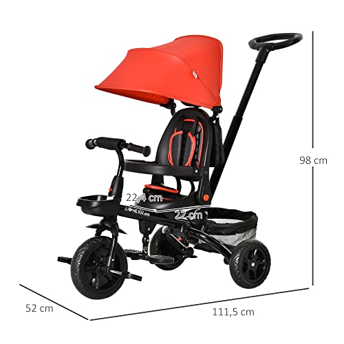 HOMCOM Triciclo Bebé 4 en 1 Bicicleta para Niños 1-5 Años con Asiento Giratorio Capota Ajustable Mango de Empuje Telescópico y Reposapiés Plegable 111,5x52x98 cm Rojo