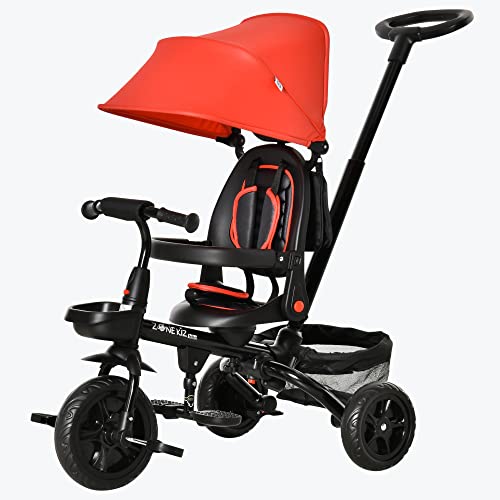 HOMCOM Triciclo Bebé 4 en 1 Bicicleta para Niños 1-5 Años con Asiento Giratorio Capota Ajustable Mango de Empuje Telescópico y Reposapiés Plegable 111,5x52x98 cm Rojo