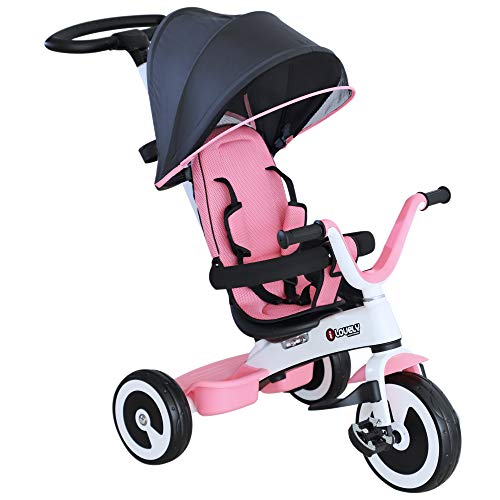 HOMCOM Triciclo Bebé Plegable 4 en 1 Trolley Trike Bicicletas para Niños +18 Mes Evolutivo Capota Barra Desmontable Control Parental Juguete Aprendizaje