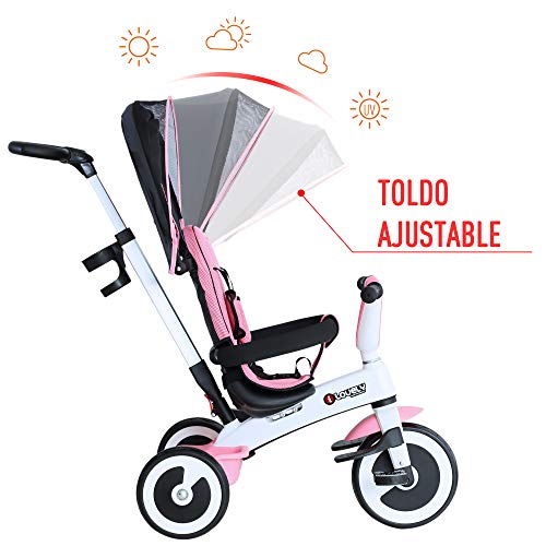 HOMCOM Triciclo Bebé Plegable 4 en 1 Trolley Trike Bicicletas para Niños +18 Mes Evolutivo Capota Barra Desmontable Control Parental Juguete Aprendizaje