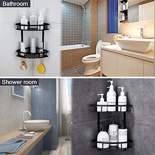 Hoomtaook Rinconera Ducha Bandeja de baño triangular negra, Cesta de ducha, Rinconera, Aluminio aeroespacial, Organizador de baño, Montaje en pared sin taladro, Adhesivo, 2 niveles