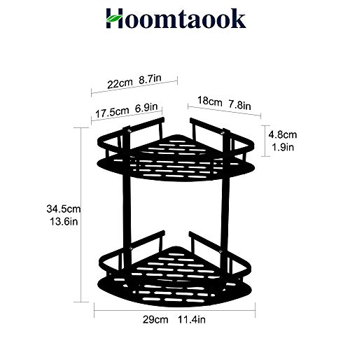 Hoomtaook Rinconera Ducha Bandeja de baño triangular negra, Cesta de ducha, Rinconera, Aluminio aeroespacial, Organizador de baño, Montaje en pared sin taladro, Adhesivo, 2 niveles