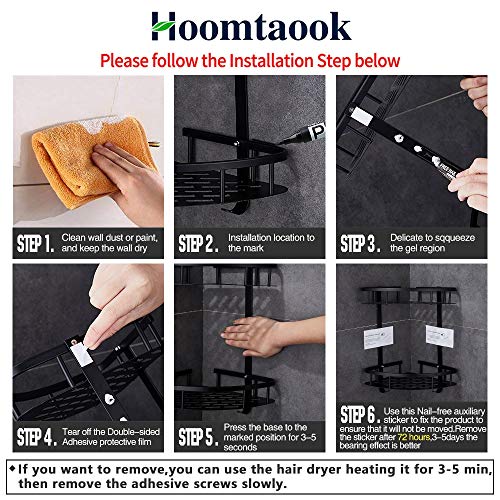 Hoomtaook Rinconera Ducha Bandeja de baño triangular negra, Cesta de ducha, Rinconera, Aluminio aeroespacial, Organizador de baño, Montaje en pared sin taladro, Adhesivo, 2 niveles