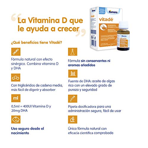 Humana Vitadé a base de vitamina D, DHA, fortalece el sistema inmune y contribuye al desarrollo de los huesos. Complemento Alimenticio con ingredientes naturales-15ml