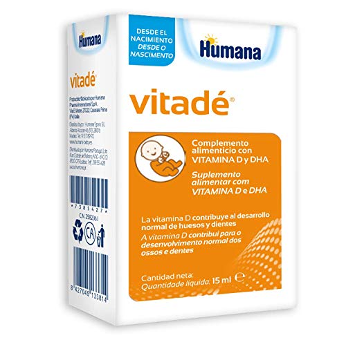 Humana Vitadé a base de vitamina D, DHA, fortalece el sistema inmune y contribuye al desarrollo de los huesos. Complemento Alimenticio con ingredientes naturales-15ml