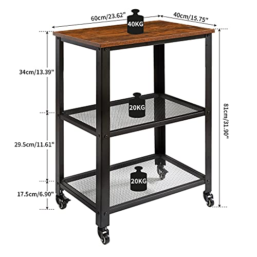 IBUYKE Carrito de Servicio de 3 Niveles, 60x40x81 cm Estantería metálica con Ruedas, Organizador de Almacenamiento para Cargas Pesadas, Tablero de sobremesa, para Cocina, Sala de Estar TMJ011H