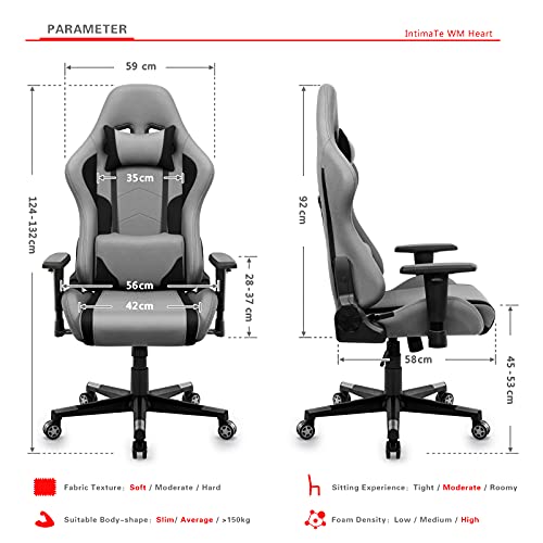 IntimaTe WM Heart Gaming de Tela, Oficina Silla Computadora, Ergonómica 360° Giratorio Altura Ajustable Alto Respaldo Reclinable, Metal, Gray, 125 KG