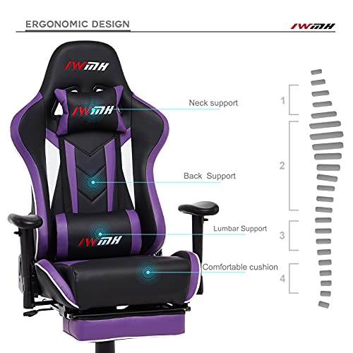 IntimaTe WM Heart Silla Gaming, Silla Gamer con Reposapies, Ergonómica Sillas Reclinable, Silla de Oficina Ajustable Silla PC Giratoria con Respaldo Alto, Soporte Lumbar y Reposacabezas,Morado