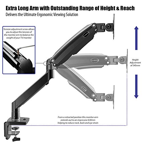 Invision Soporte Monitor de PC para Pantallas 22-35", Ergonómico Largo Brazo, Altura Ajustable (Alimentado por Gas) con Total Movimiento Inclinación y Giro VESA 75mm y 100mm Peso 3kg a 12kg (MX450)